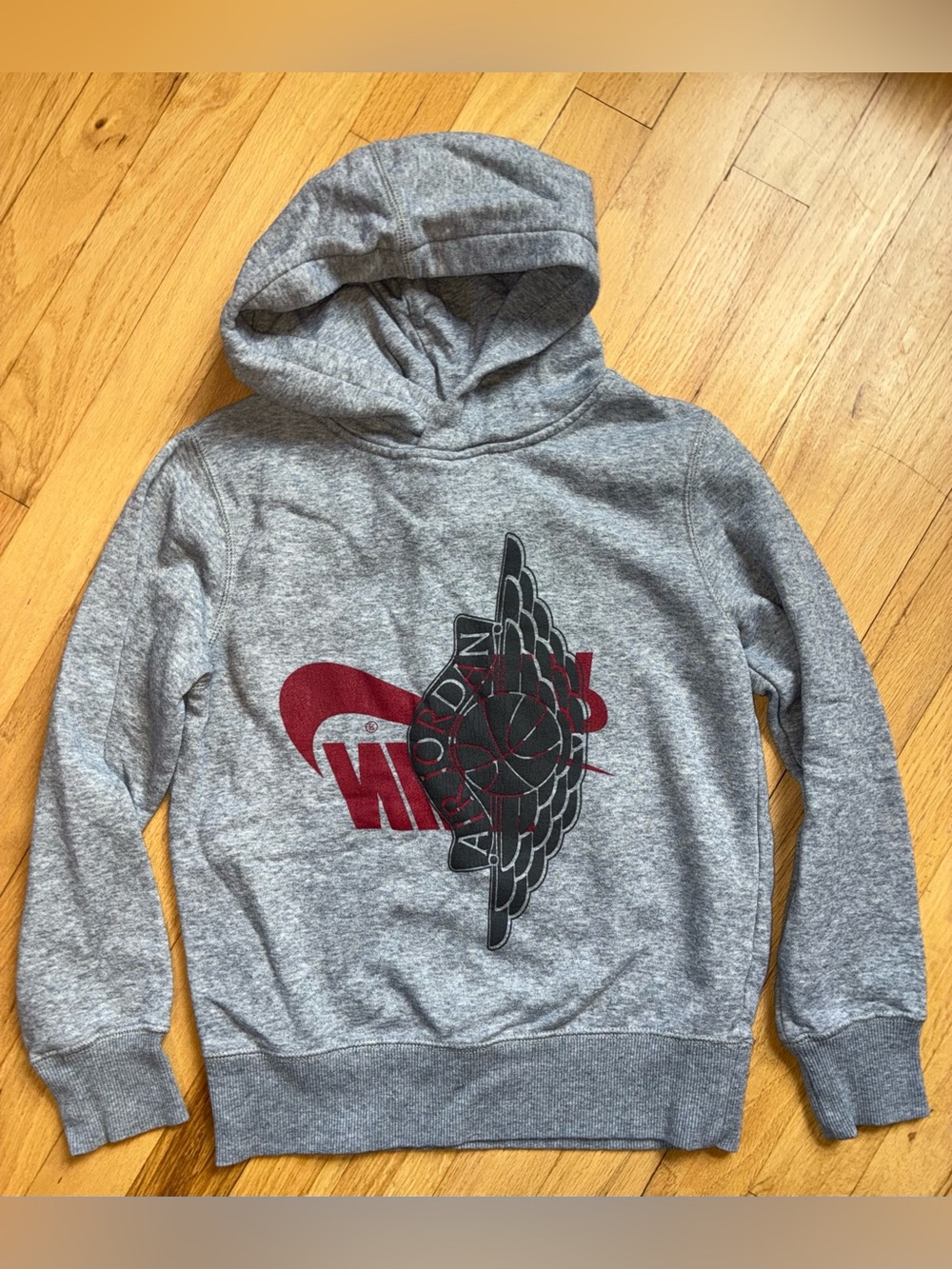 Jordan Grey Hoodie with Red and Black Graphic for Kids